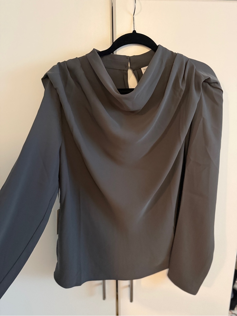 Babaton Gray Draped Cowl-Neck Long Sleeve Blouse